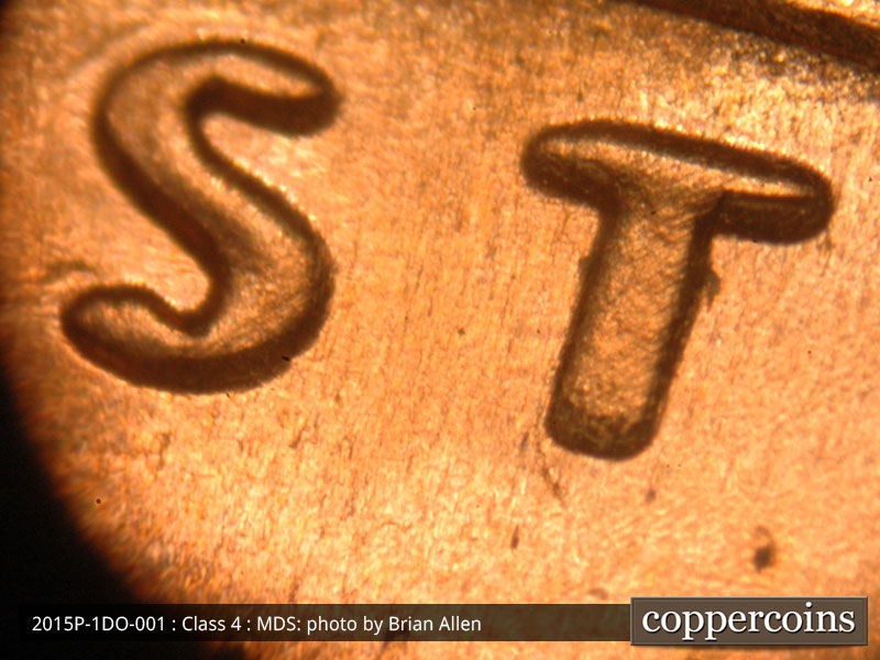Die-stage B marker on 2015P•1DO•001 (2015 Doubled Die Obverse).
