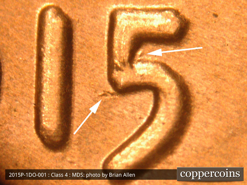 Die-stage B marker on 2015P•1DO•001 (2015 Doubled Die Obverse).