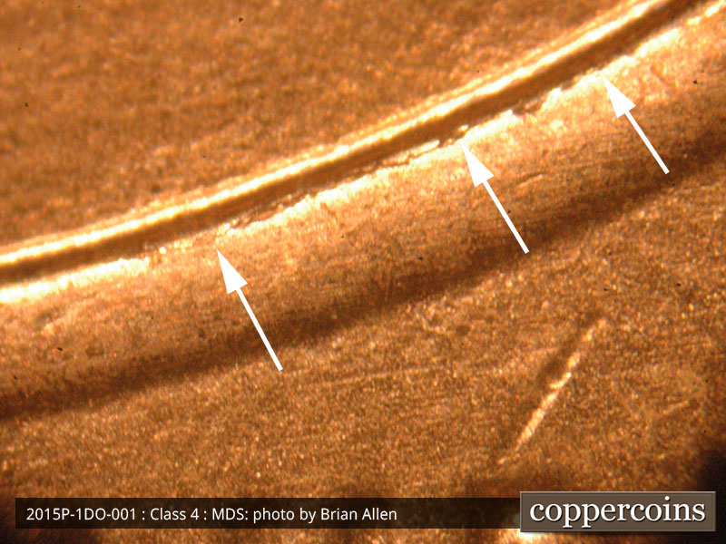 Die-stage B marker on 2015P•1DO•001 (2015 Doubled Die Obverse).