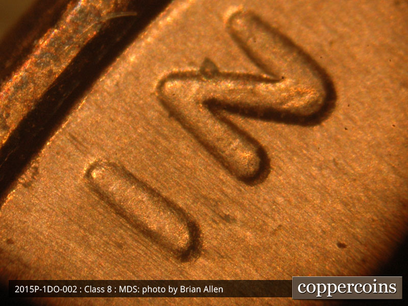 Die-stage B marker on 2015P•1DO•002 (2015 Doubled Die Obverse).