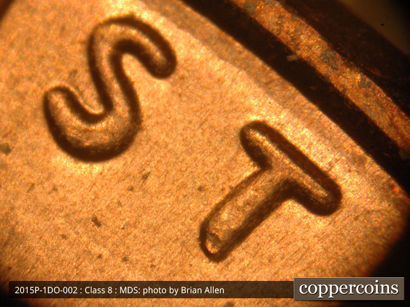 Die-stage B marker on 2015P•1DO•002 (2015 Doubled Die Obverse).