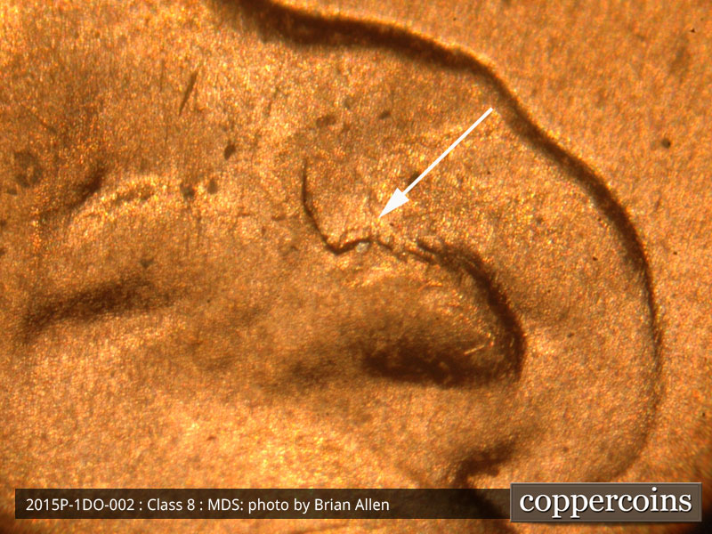 Die-stage B marker on 2015P•1DO•002 (2015 Doubled Die Obverse).