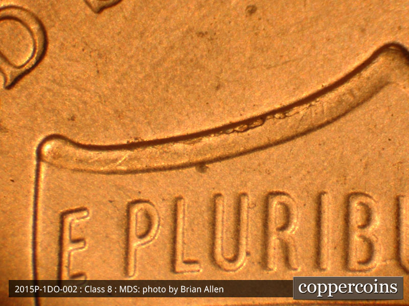 Die-stage B marker on 2015P•1DO•002 (2015 Doubled Die Obverse).
