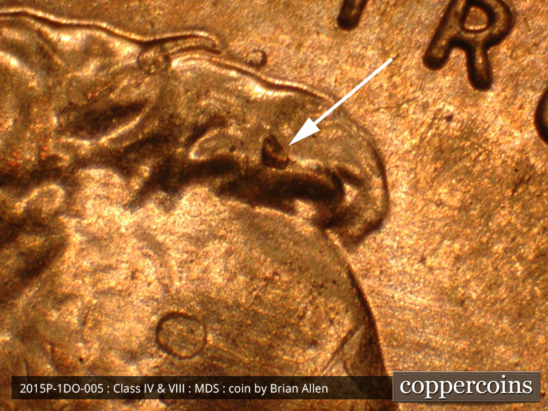 Die-stage B marker on 2015P•1DO•005 (2015 Doubled Die Obverse).