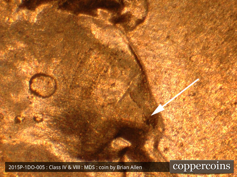 Die-stage B marker on 2015P•1DO•005 (2015 Doubled Die Obverse).