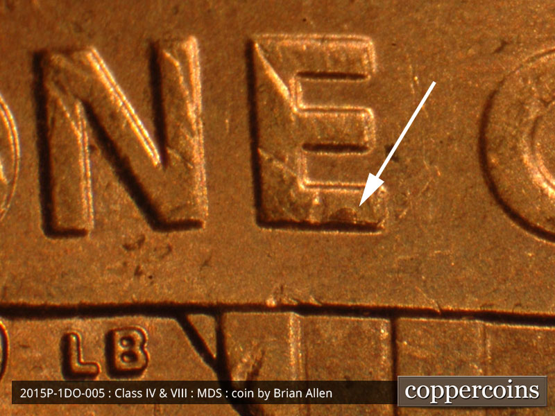 Die-stage B marker on 2015P•1DO•005 (2015 Doubled Die Obverse).