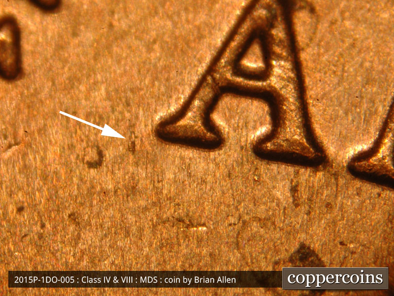 Die-stage B marker on 2015P•1DO•005 (2015 Doubled Die Obverse).
