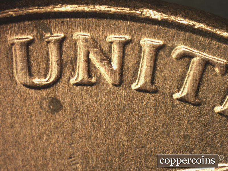 2015 Lincoln cent obverse, CopperCoins die 2015P•1DR•001 — A strong spread seen on UNITED STATES OF AMERICA.
