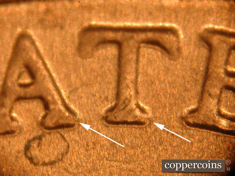 Die-stage C marker on 2018D•1DR•001 showing Notching on the bottom serifs of the A and T in STATES.