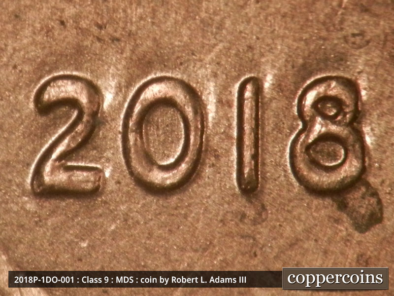 2018 Lincoln cent obverse, CopperCoins die 2018P•1DO•001 — Very stong doubling seen on all digits in the date. The "cat's eye" zero is an obvious indicator.