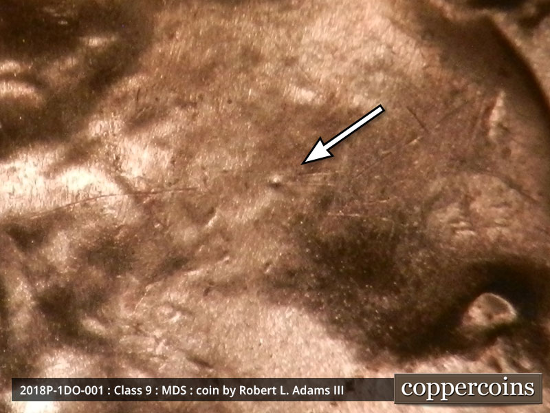 Die-stage B marker on 2018P•1DO•001 (2018 Doubled Die Obverse).