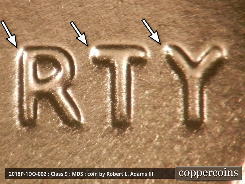 Die-stage B marker on 2018P•1DO•002 (2018 Doubled Die Obverse).