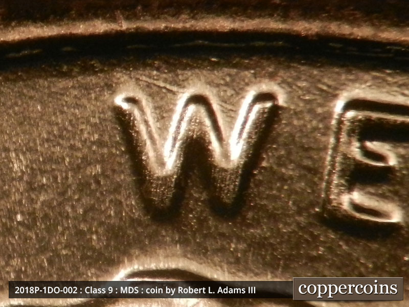 Die-stage B marker on 2018P•1DO•002 (2018 Doubled Die Obverse).