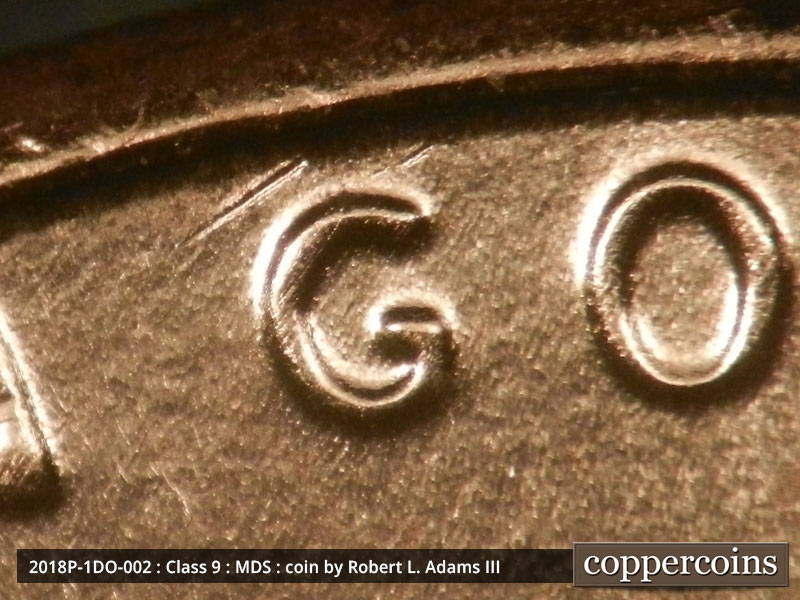 Die-stage B marker on 2018P•1DO•002 (2018 Doubled Die Obverse).