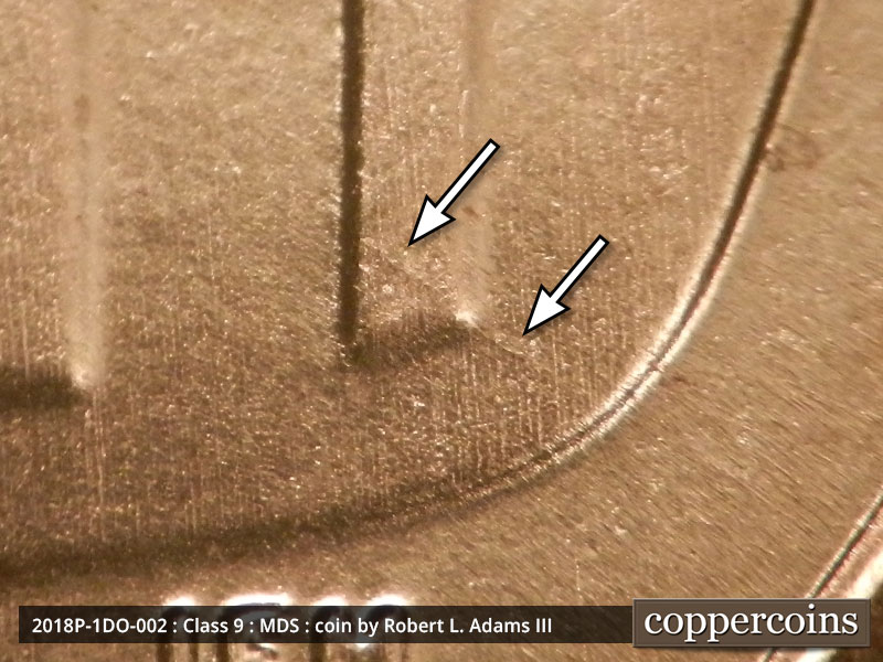 Die-stage B marker on 2018P•1DO•002 (2018 Doubled Die Obverse).