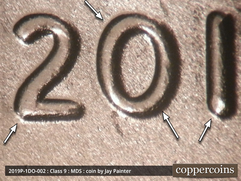 Die-stage B marker on 2019P•1DO•002 (2019 Doubled Die Obverse).