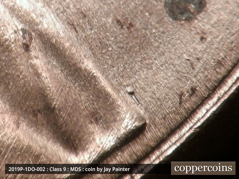 Die-stage B marker on 2019P•1DO•002 (2019 Doubled Die Obverse).