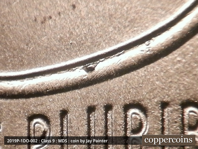 Die-stage B marker on 2019P•1DO•002 (2019 Doubled Die Obverse).