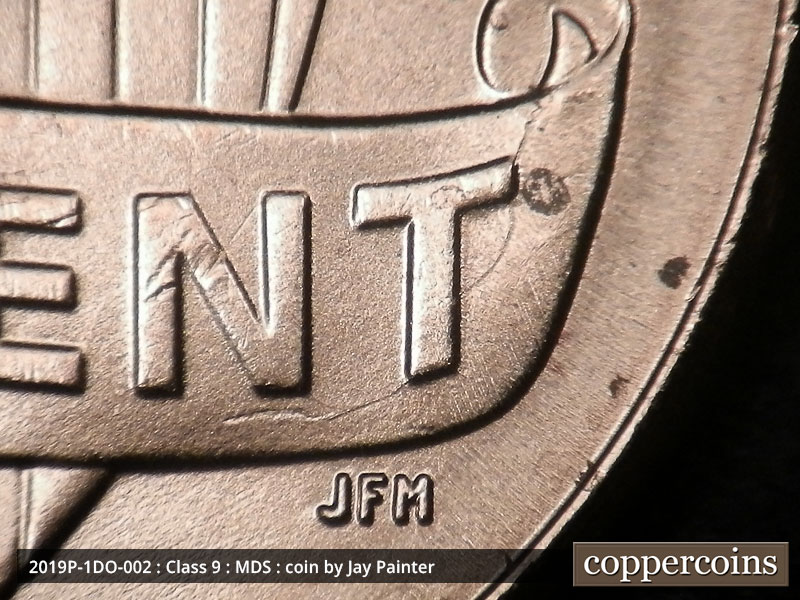 Die-stage B marker on 2019P•1DO•002 (2019 Doubled Die Obverse).