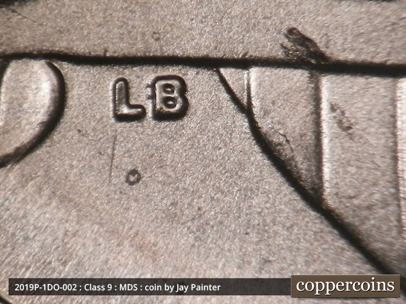 Die-stage B marker on 2019P•1DO•002 (2019 Doubled Die Obverse).