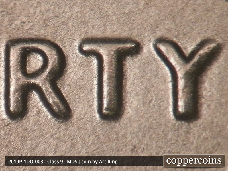 Die-stage B marker on 2019P•1DO•003 (2019 Doubled Die Obverse).