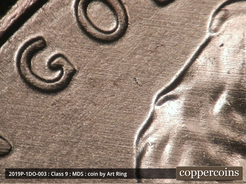 Die-stage B marker on 2019P•1DO•003 (2019 Doubled Die Obverse).