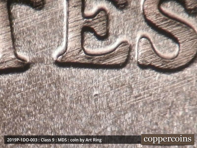 Die-stage B marker on 2019P•1DO•003 (2019 Doubled Die Obverse).