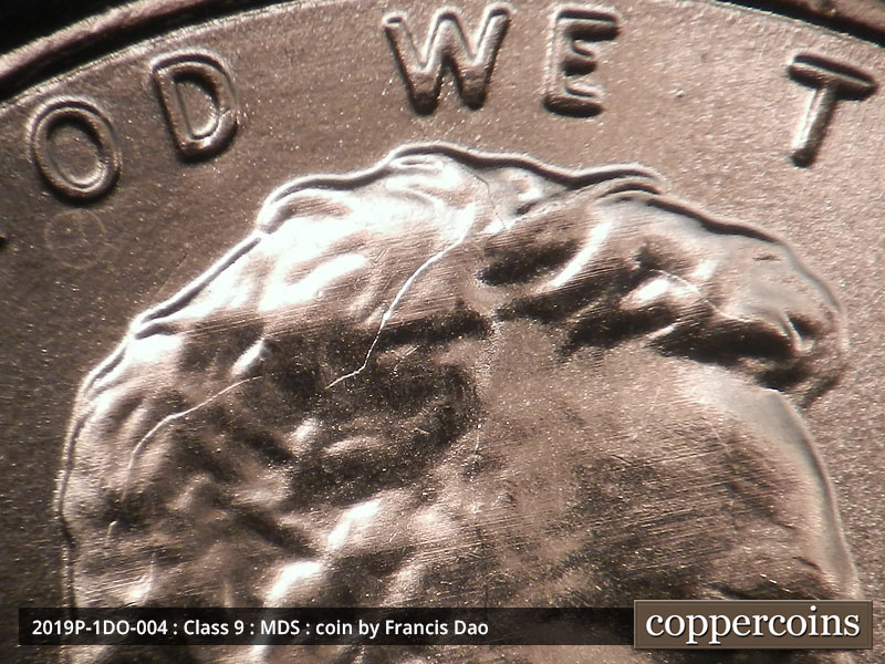 Die-stage B marker on 2019P•1DO•004 (2019 Doubled Die Obverse).