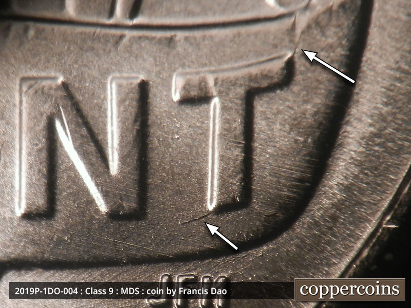 Die-stage B marker on 2019P•1DO•004 (2019 Doubled Die Obverse).