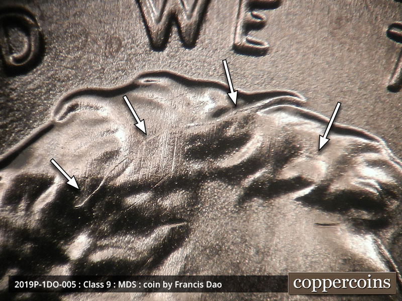 Die-stage B marker on 2019P•1DO•005 showing A die crack runs though Lincoln's hair.