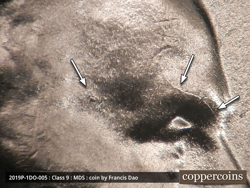 Die-stage B marker on 2019P•1DO•005 showing A die dot on Lincoln's temple and a die crack follows the curve of his brow.