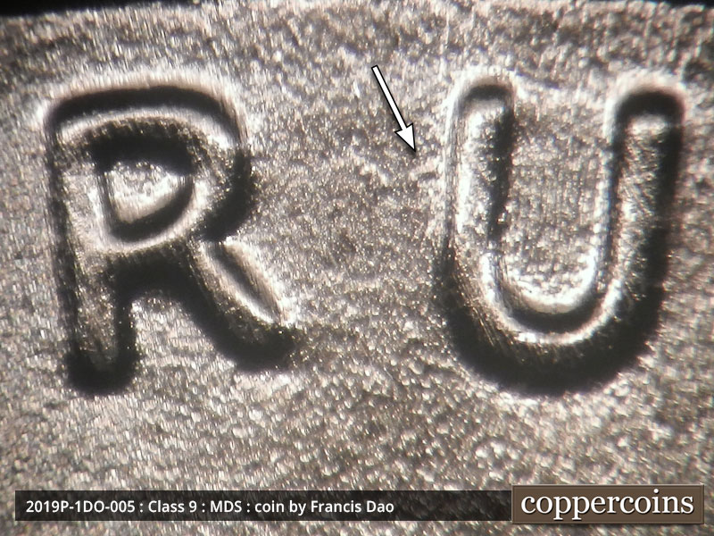 Die-stage B marker on 2019P•1DO•005 (2019 Doubled Die Obverse).