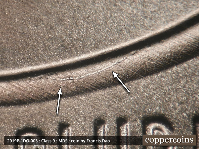 Die-stage B marker on 2019P•1DO•005 showing A die break running along the top of the shield.