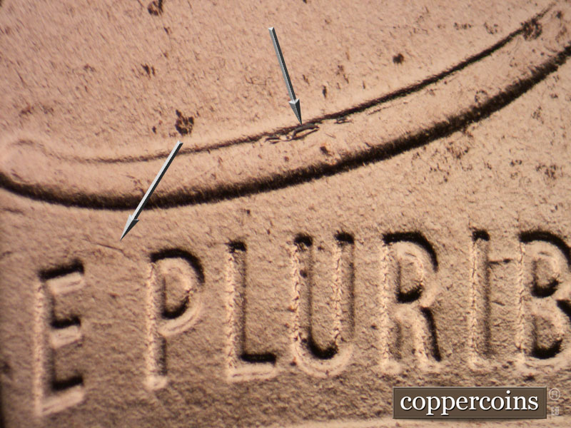 Die-stage A marker on 2019P•1DO•006 showing Small die chips on the top of the shield and a die scratch runnning diagonally towards the top of the P in PLURIBUS.