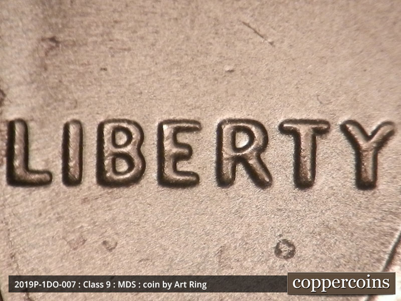 2019 Lincoln cent obverse, CopperCoins die 2019P•1DO•007 — Showing spread in LIBERTY and small die scratches under LIB.