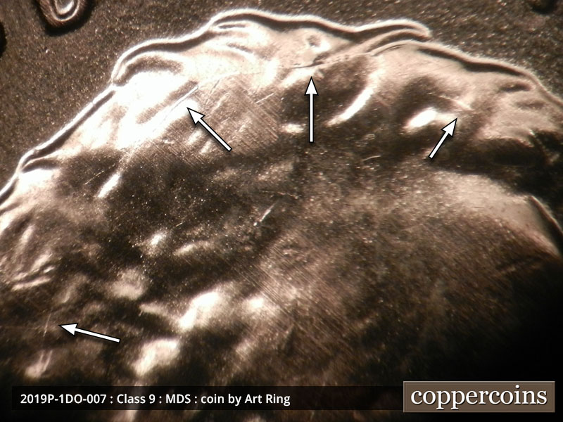 Die-stage B marker on 2019P•1DO•007 showing A faint early die break running through Lincoln's hair.