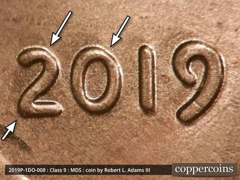 2019 Lincoln cent obverse, CopperCoins die 2019P•1DO•008 — A SE spread on the date.