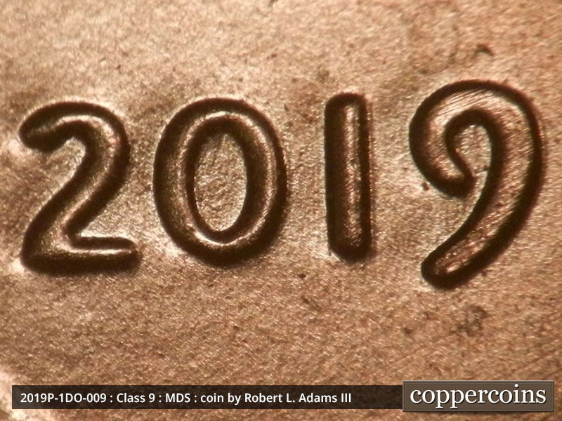2019 Lincoln cent obverse, CopperCoins die 2019P•1DO•009 — A minor spread is seen on the date.