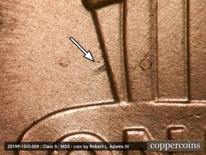 Die-stage B marker on 2019P•1DO•009 (2019 Doubled Die Obverse).