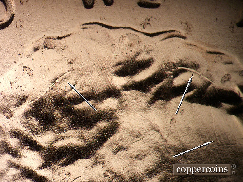 Die-stage B marker on 2019P•1DO•011 showing Die crack in hair.