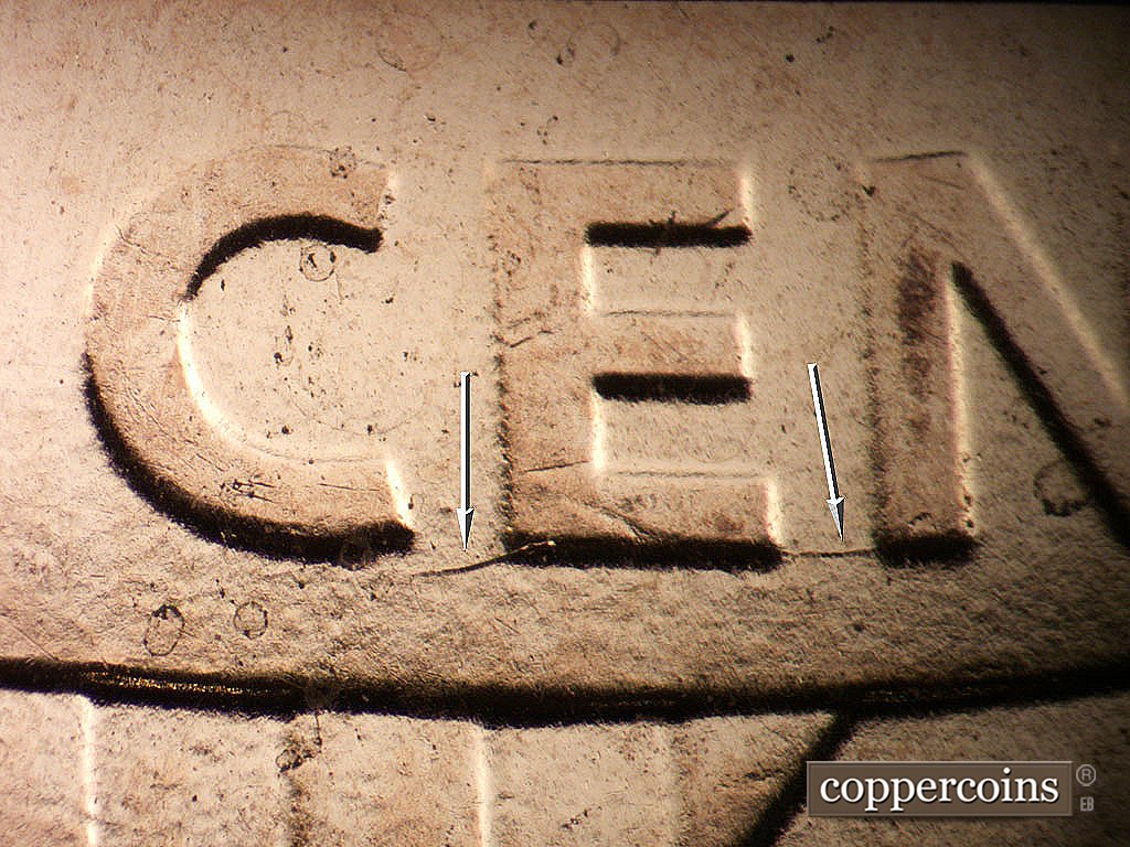 Die-stage C marker on 2019P•1DO•012 showing Die crack along the bottom of CENT.