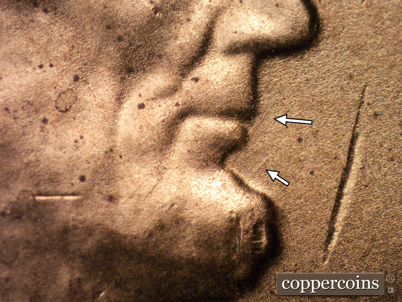 Die-stage B marker on 2020D•1DR•001 showing Diagonal die scratches show in front of the mouth and above the chin.