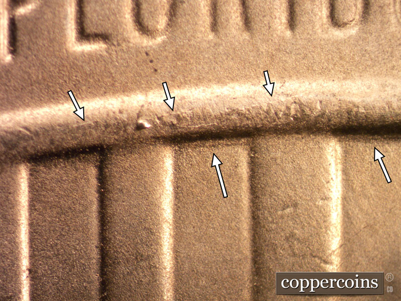 2020 Lincoln cent obverse, CopperCoins die 2020D•1DR•002 — Light to moderate extra lower border of the shield crown through stripes 5, 7 and 9. Die chip on the crown border ben….