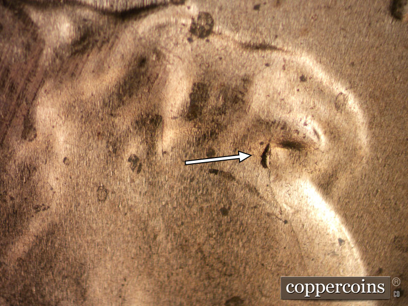 Die-stage B marker on 2020D•1DR•002 showing Die crack runs along the front of the forehead with a significant die chip at the hair line.