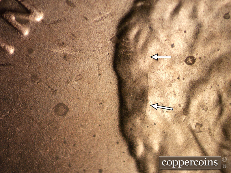 Die-stage B marker on 2020D•1DR•002 showing Die cracks show long the back of the hair.