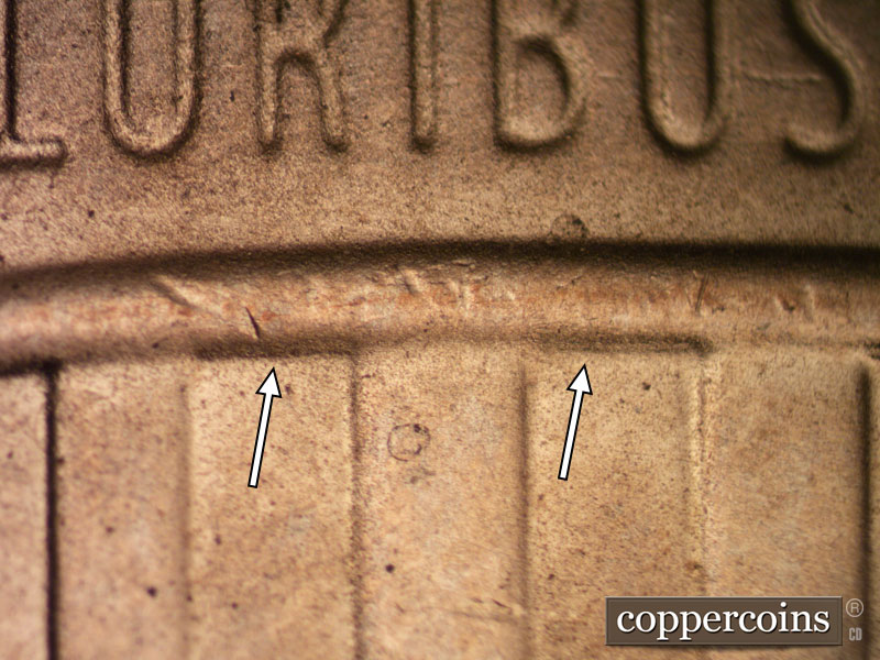 2020 Lincoln cent obverse, CopperCoins die 2020D•1DR•003 — Doubling shows along the lower crown border at stripes 5, 7 and 9.