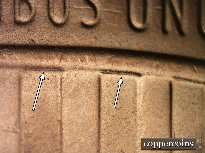 Die-stage B marker on 2020D•1DR•003 showing Doubling shows along the lower crown border at stripes 5, 7 and 9.