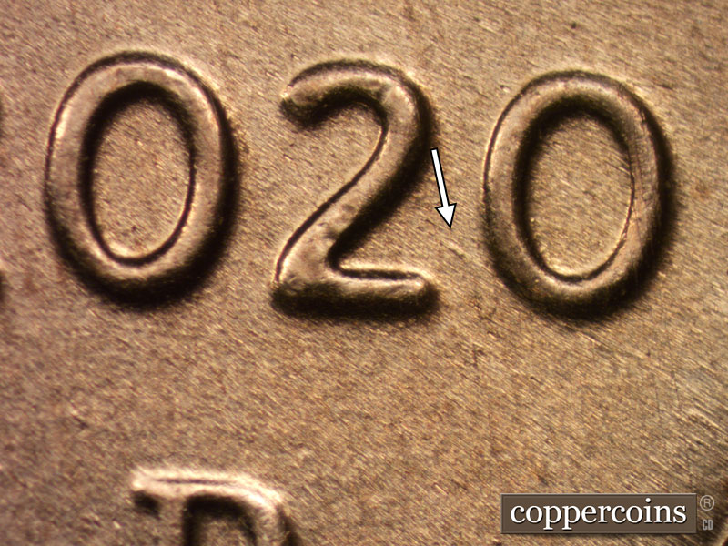 Die-stage B marker on 2020D•1DR•004 showing A die dot shows between the last two digits of the date.