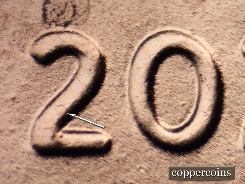 2020 Lincoln cent obverse, CopperCoins die 2020P•1DO•002 — Mild doubling of DATE, Die break on first 2 in date just starting to form.