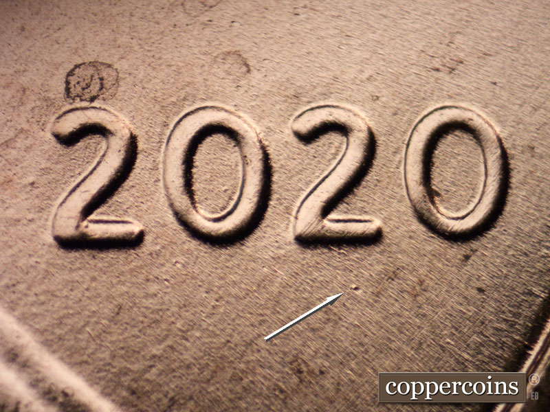 Die-stage B marker on 2020P•1DO•002 showing Small die dot below second 2 in date.